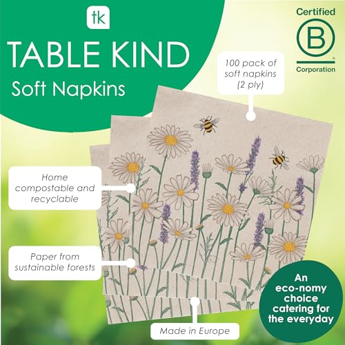 Table Kind 100 x Soft Recycled Floral Napkins Wildflower Napkins for Decoupage Daisy Bee Pretty Disposable Party Serviettes for Spring Weddings (100 Count)