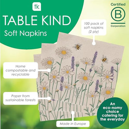 Table Kind 100 x Soft Recycled Floral Napkins Wildflower Napkins for Decoupage Daisy Bee Pretty Disposable Party Serviettes for Spring Weddings (100 Count)