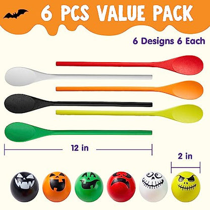 6 Pcs Halloween Egg and Spoon Race Game Set; Eyeballs and Spoons with Assorted Colors for Kids Adults Halloween Outdoor Fun Games (6 Count)
