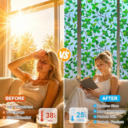 Privacy Window Film Upgraded 24H Day & Night Privacy Heat Insulation Static Cling Decorative Glass Film