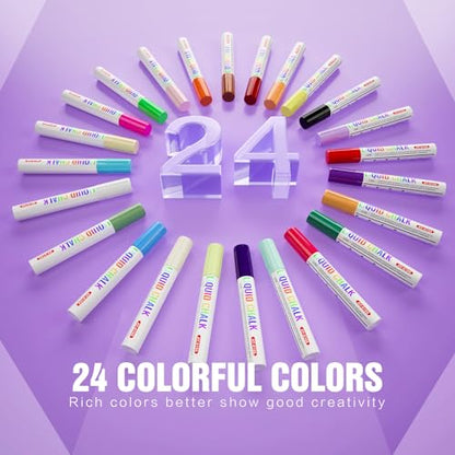 Chalk Markers 24 Vibrant Color Set for Blackboard & Glass Surfaces Washable (24 Count)