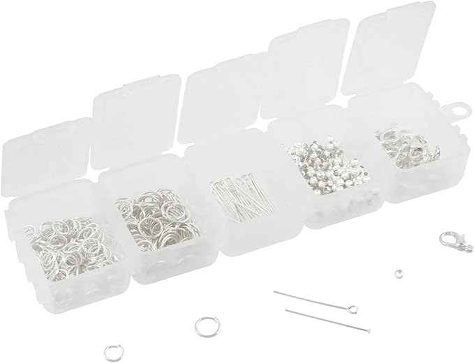 Bead Landing Silver Finding Starter Kit – 750-Piece Nickel-Free Jewelry Making Kit with Crimp Beads, Jump Rings, Pins & Clasps in Assorted Finishes, 6 Pack