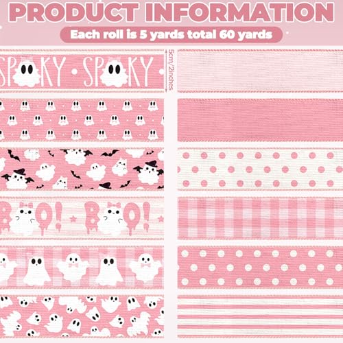 12 Rolls 60 Yards Pink Halloween Wired Ribbon for Wreath Bow Craft (12 Count)