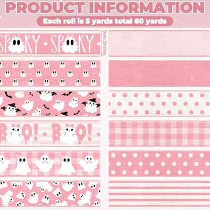 12 Rolls 60 Yards Pink Halloween Wired Ribbon for Wreath Bow Craft (12 Count)