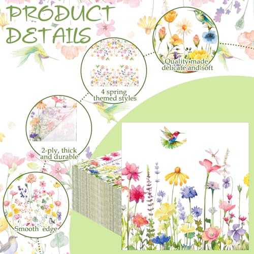 200 Pcs Pastel Wildflower Cocktail Napkins Disposable 4 Style 5"