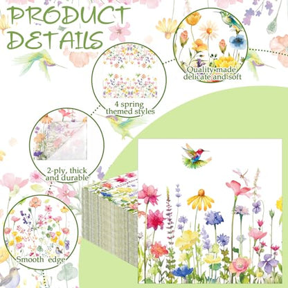 200 Pcs Pastel Wildflower Cocktail Napkins Disposable 4 Style 5"