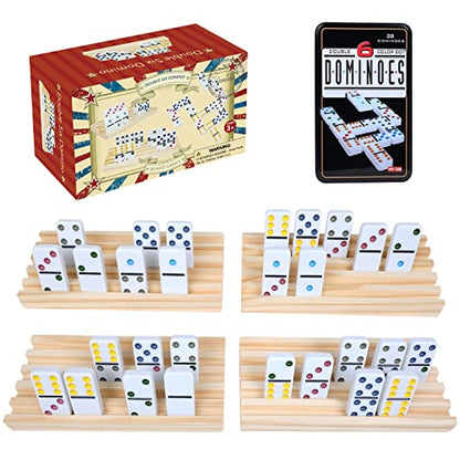 Double 6 Color Dot Dominoes Set with 4 Wooden Trays