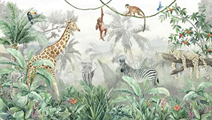 Kids Wallpaper Tropical Leves and Safari Animals (162.5 Sq Ft)