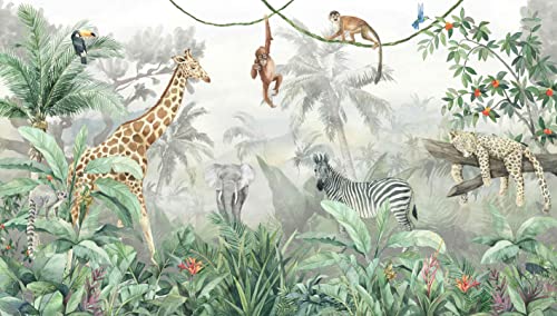 Kids Wallpaper Tropical Leves and Safari Animals (56.25 Sq Ft)