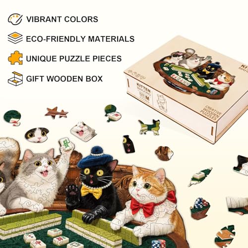 Cats Mahjong Puzzles Adults Gifts Wooden 205 Pieces (205 Count)