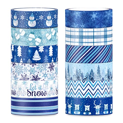 12 Rolls Winter Washi Tape Blue White Snowflake Snowman Holiday Masking Tape Xmas Tree Reindeer Assorted Pattern Washi Tape for Scrapbook Journal DIY Craft Gift Wrapping Party Decor (196.8 Foot )