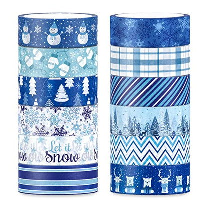 12 Rolls Winter Washi Tape Blue White Snowflake Snowman Holiday Masking Tape Xmas Tree Reindeer Assorted Pattern Washi Tape for Scrapbook Journal DIY Craft Gift Wrapping Party Decor (196.8 Foot )