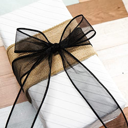 Sheer Organza Wired Ribbon 1.5" x 50Yards Black for Wedding Chair Bow Flora Bouquet Gift Wrapping Christmas Tree Home Decor Wreath (150 Foot)