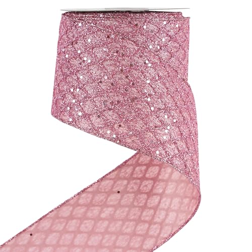 Pink Glitter Diamond Wired Christmas Ribbon 4 inch x 10 Yards (30 Foot)