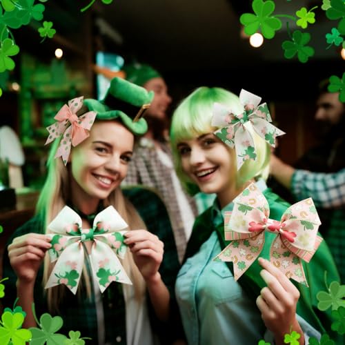 12 Rolls St Patrick's Day Wired Edge Ribbon Lucky Charm Pink Shamrock Print Clover Fabric Grosgrain Wrapping Ribbon for Bow Wreath Party Home Decor 12 Styles (12 Count)