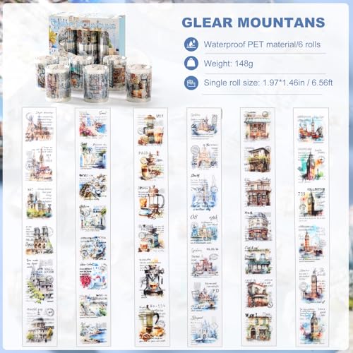 6 Rolls PET Tapes Set Pre Cut Tape Stickers City Stickers journaling Tape Transparent Sticker Books for Scrapbooking Scrapbook Tape Decorative (6 Count)
