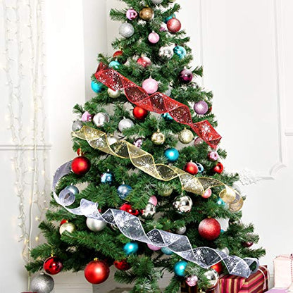 2.5 Inch Wide Christmas Wired Ribbon Snowflake Organza Sheer Glitter Ribbon for Xmas Tree (32.7 Foot)
