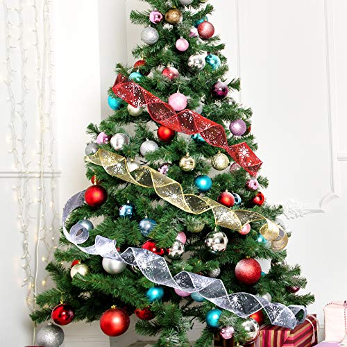 2.5 Inch Wide Christmas Wired Ribbon Snowflake Organza Sheer Glitter Ribbon for Xmas Tree (32.7 Foot)