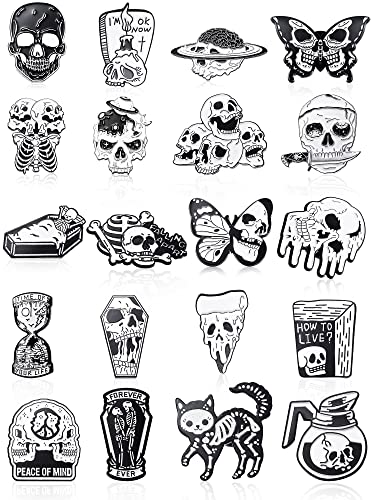 20 Pieces Enamel Pins Skull Spooky Skeleton Enamel Pins Set Black Decorative Cartoon Goth Skull Horror Dark Brooch Cute Lapel Buttons for Jacket Backpack Hat Halloween (20 Count)