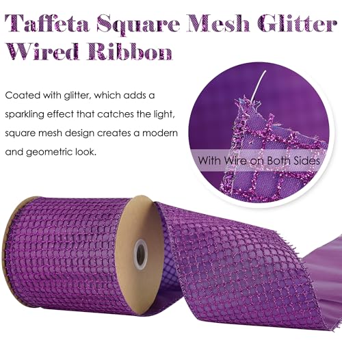 Purple Glitter Mesh Wired Christmas Ribbon 4 inch x 10 Yards (30 Foot)