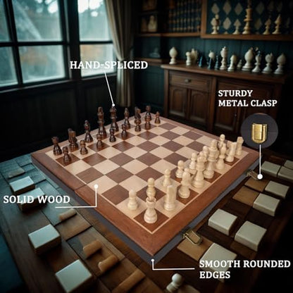 Chess Magnetic Wooden Chess Set 15" Unique Chess Board Game with Chess Pieces Storage Slots