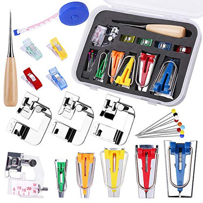 Bias Tape Maker Kit 5 Sizes with 4 Pcs Sewing Machine Presser Foot (5 Count)
