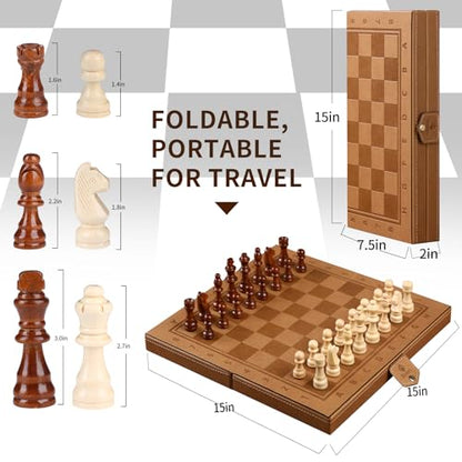 15" Leather Magnetic Chess Set and Checkers Set 2