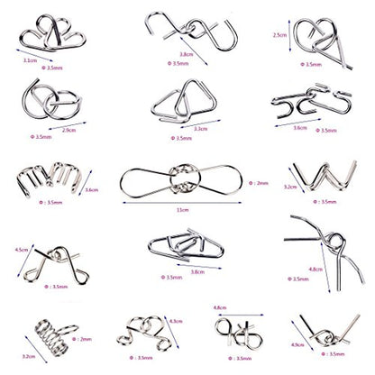 Metal Wire Puzzles Set of 16 with Pouch Large Thick IQ Test Mind Games Toys Brain Teaser Puzzles Metal Wire Magic Trick Toy Metals IQ Puzzle Fidget Toys Party Favors for Kids Adults (16 Count)