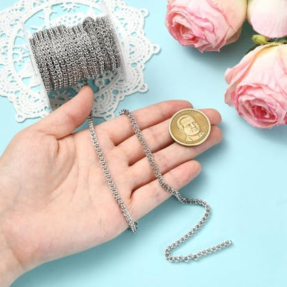 16.4 Feet(5m) 304 Stainless Steel Cross Chain Unfinished Cable Chains Link with Spool Roll Stainless Steel Chain Bulk for Jewelry Making - 3.2mm
