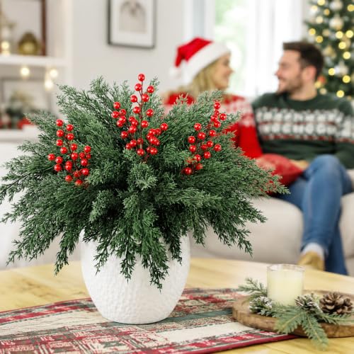 10 Pcs 16.5" Christmas Artificial Pine Branches with Red Berry Stems (10 Count)