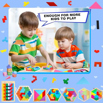7 Pack Wooden Tangrams Puzzle Set Wooden Hexagon Puzzles Wood Russian Blocks Geometric Block Brain Teaser for Kids Adults 3D Logic Intelligence IQ Game Gift (7 Count)