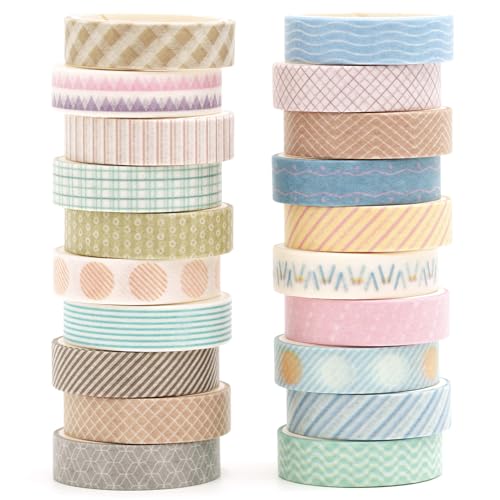 20 Rolls Basic Washi Tape Set Japanese Arts Adhesive Tapes Simple Patterns Decorative Masking Tape Sets for Craft (20 Count)