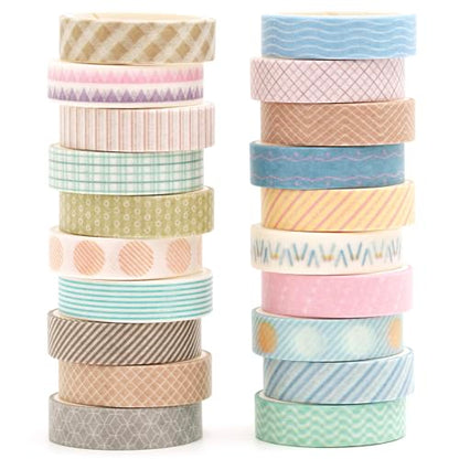20 Rolls Basic Washi Tape Set Japanese Arts Adhesive Tapes Simple Patterns Decorative Masking Tape Sets for Craft (20 Count)