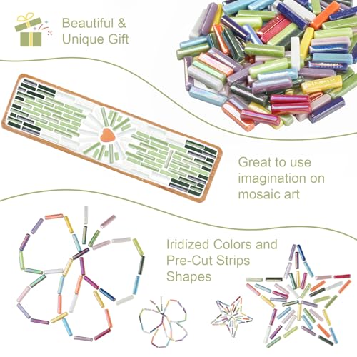 200g Assorted Iridescent Strips Glass Mosaic Tiles for Crafts (7.05 Ounce)