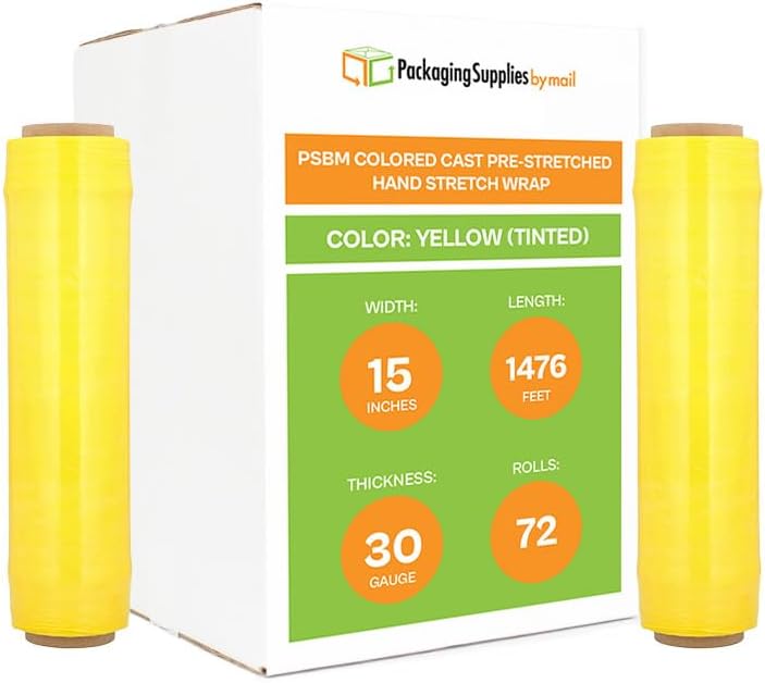 PSBM Yellow Stretch Wrap, 15 Inch x 1476 Feet, 72 Pack, Tinted Pre-Stretched Shrink Wrap Film for Moving, Packaging, Pallet Wrapping