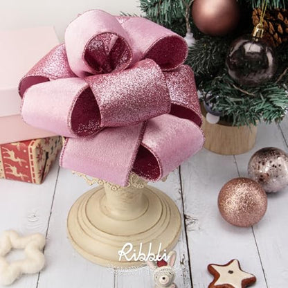 Pink Velvet Wired Ribbon 2.5 Inch Pink Velvet with Glitter Christmas Ribbon for Christmas Tree Decoration Big Bow Gift Wrapping Crafts Wreaths Supplies (30 Foot)