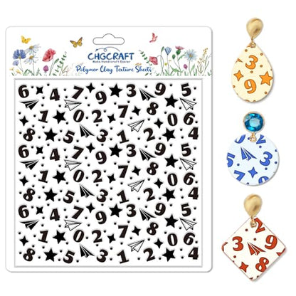 Numbers Pattern Polymer Clay Texture Sheet Stars and Paper Airplanes Silicone Texture Mat for Polymer Clay Making Earrings Jewelry DIY Crafts 5.5 × 5.5 Inch