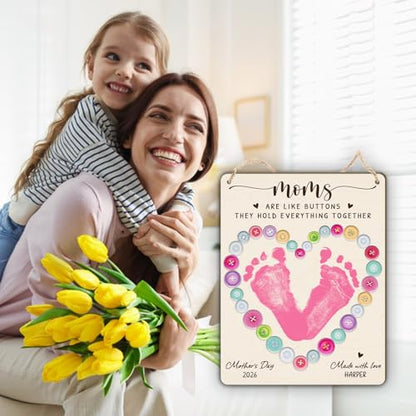 DIY Mothers Day Footprint Craft Button Heart Hanging Sign for Mom Sewing