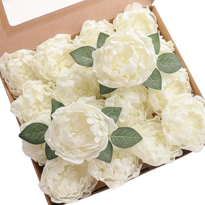 Artificial Flowers 16pcs 4" Ivory Blooming Peonies Real Looking Foam Fake Peony with Stems for DIY Wedding Bouquets Bridal Shower Centerpieces Floral Arrangements Party Tables Home Decorations (16 Count)