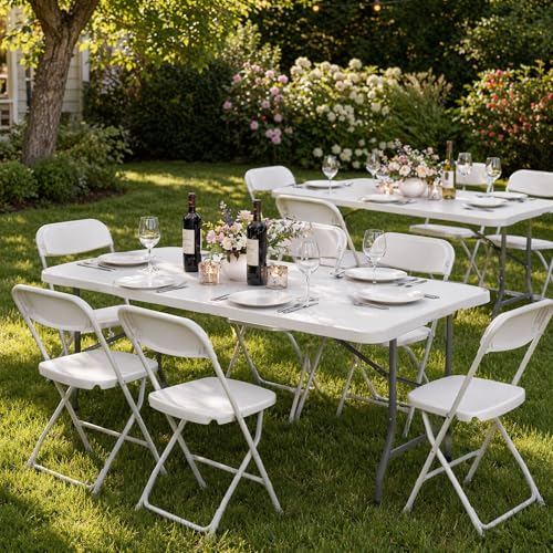 Set of 2 Folding Table 6 FT Lightweight Camping Table White Portable Plastic Rectangular Outdoor Dining Table Steel Legs Fold (2 Count)
