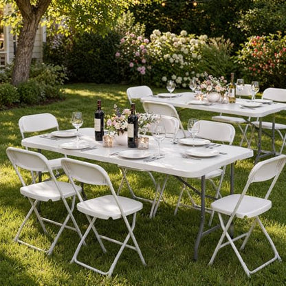 Set of 2 Folding Table 6 FT Lightweight Camping Table White Portable Plastic Rectangular Outdoor Dining Table Steel Legs Fold (2 Count)