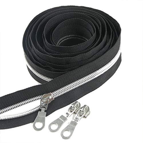 5 Silver Metallic Nylon Coil Zippers by The Yard Bulk 10 Yards Black Tape with 25pcs Silver Sliders for DIY Sewing Tailor Craft Bag