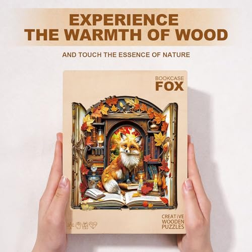 Bookcase Fox Puzzles Adults Gifts for Women Men Wooden 280 Pieces 12.6 * 12.2in