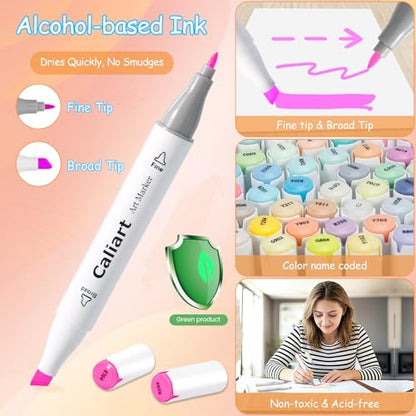 Pastel Alcohol Markers 61 Colors Fine & Chisel Dual Tip Art Markers (61 Count)