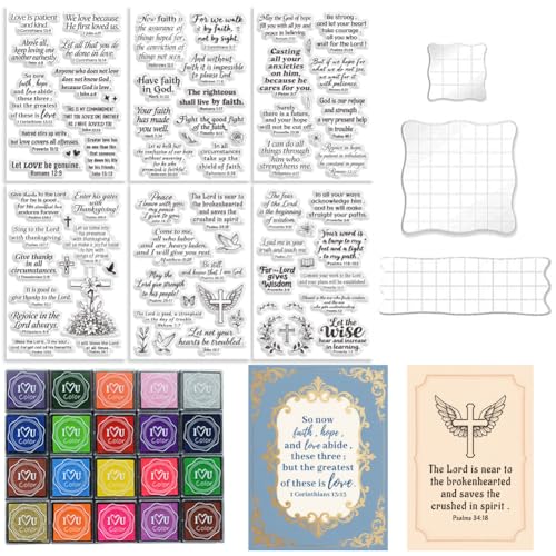 6Pcs Christian Bible Verse Clear Stamps for Card Making Easter Blessing 20 Craft Ink Pad 3 Acrylic Stamp Block Silicone Stamp with Greeting Words Rubber Stamps for Crafting DIY Scrapbooking (29 Count)
