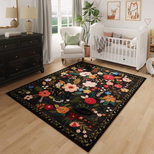 Bedroom Rug 3x5 Rug Washable Area Rug Non Slip Low Pile Boho Floral Small Carpet for Bedroom