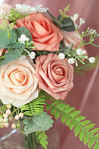 Artificial Flowers 25pcs Real Looking Coral Ombre Colors Foam Fake Roses with Stems for DIY Wedding Bouquets Bridal Shower Centerpieces Floral Arrangements Party Tables Home Decorations (25 Count)