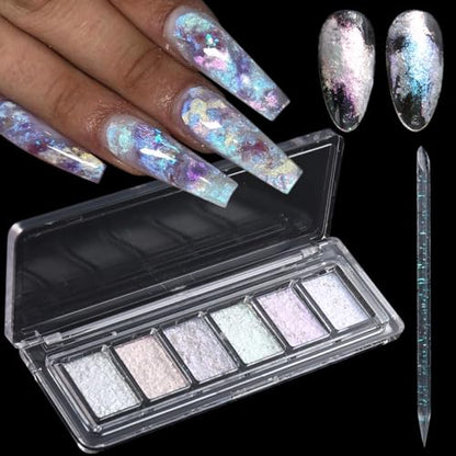 Iridescent Nail Glitter Set 6Color Mud Texture Aurora Chrome Powder