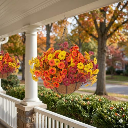 2 Set Artificial Outdoor Fall Flowers with Hanging Basket (2 Count)