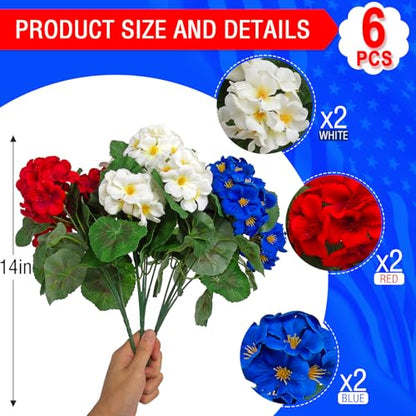 6 Pcs Artificial Geranium Flowers for Outdoors Geranium Silk Flowers Outdoor UV Resistant Plants Faux Patriotic Flowers for 4th of July Home Kitchen Table Centerpieces Decor